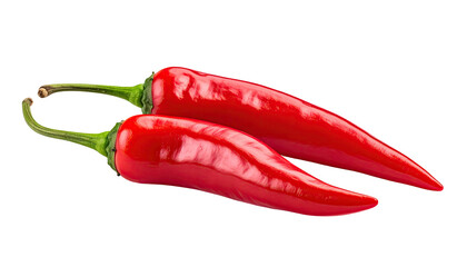 Two shiny, vibrant red chili peppers with green stems