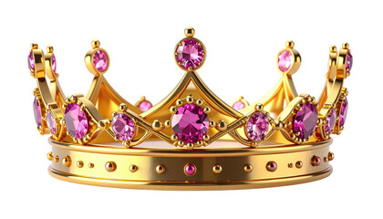 Ornate gold crown adorned with pink gemstones, isolated