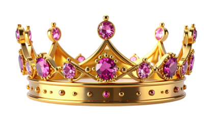 Ornate gold crown adorned with pink gemstones, isolated