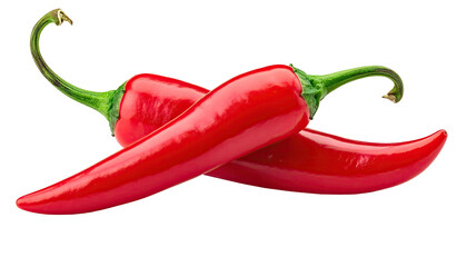 Two vibrant red chili peppers crossed, stems curving up