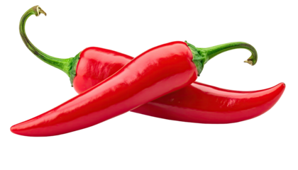 Two vibrant red chili peppers crossed, stems curving up