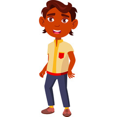 A Young Indian Boy In A Light Yellow Shirt And Blue Pants Stands Against A White Background With A Transparent Overlay And A Slight Smile On His Face, Schoolboy Character