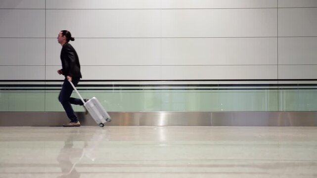 Business traveler with a trolley bag hurrying to catch a flight, running through a modern airport corridor, concerned about being late for his departure. Slow motion side view