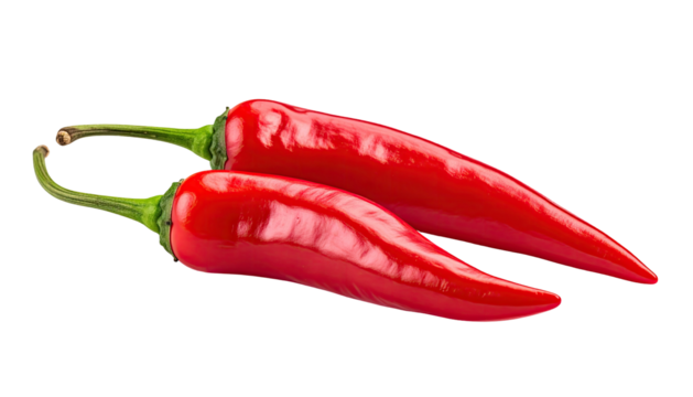 Two shiny, vibrant red chili peppers with green stems