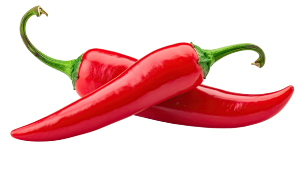 Two vibrant red chili peppers crossed, stems curving up