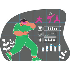 Man In Green Outfit Capturing Martial Arts Poses On Digital Device With Fitness Data Visualization And Health Icons In A Stylized Environment