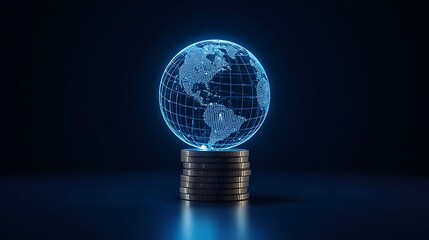 Lucid digital grid of a glowing Earth hologram floating over stacked coins symbolizing global finance, economy, and investment