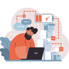 Man Feeling Drained Working On Laptop Surrounded By Overwhelming Paperwork And Low Battery Symbol Illustrating Burnout And Stress In Modern Office Setting