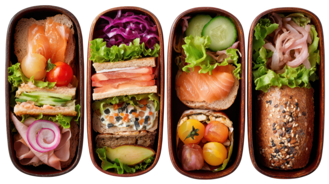 Assorted sandwiches presented in wooden serving container wooden container holds various delicious sandwich preparations