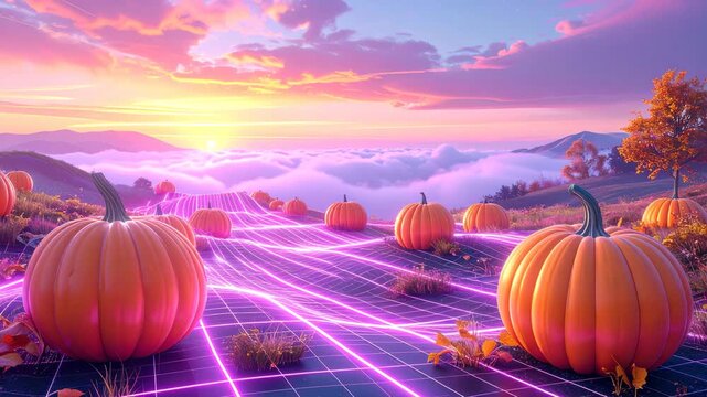 Surreal digital art of a pumpkin patch at sunset with a glowing neon grid extending over misty mountains and vibrant skies.