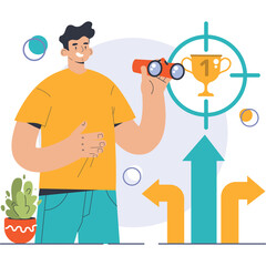 Man Holding Binoculars Looking Towards A Trophy Target With Arrows Indicating Direction On Transparent Background