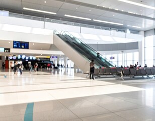 Blurred airport interior, escalator and waiting area