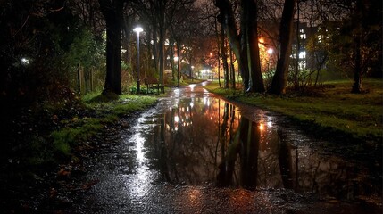 Evocative night park path with glowing reflections in rain puddles, inviting tranquil evening strolls