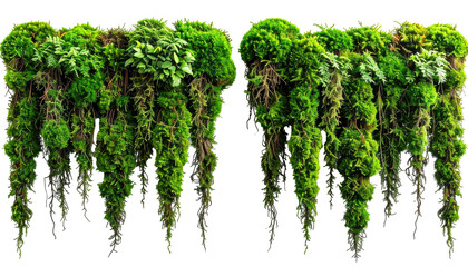Lush, verdant moss curtains cascade, roots hanging down