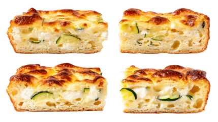 Four bread pieces feature melted cheese and zu topping golden brown bread with cheese and zu prepared for consumption