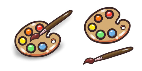Color palette illustration set with paints and brush, palette cute illustration, art palette set illustration 