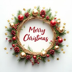Merry christmas wreath with golden stars isolated on white background