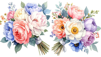 Two vibrant watercolor flower bouquets, tied with ribbons