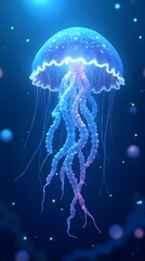 Glowing jellyfish swimming in deep blue sea with bubbles around it