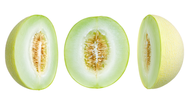 Green fruit half and sliced portion on display fresh green fruit half and smaller slice presented