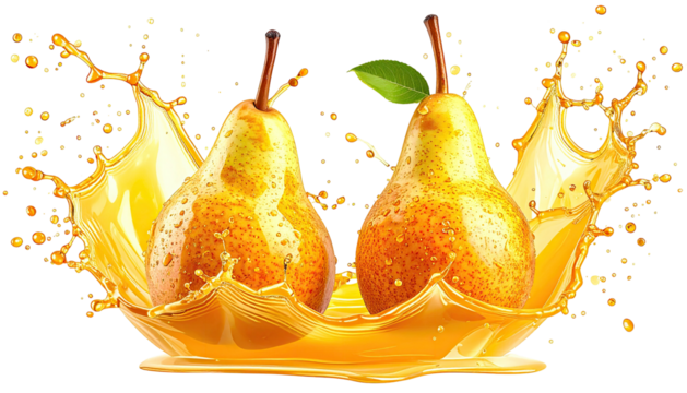 Two ripe pears splash into sweet yellow juice with a green leaf
