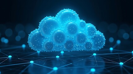 Abstract digital cloud made of interconnected glowing spheres, representing advanced data storage, network infrastructure, and distributed computing technology in a futuristic setting