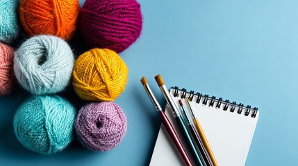 Vibrant yarn balls and artist brushes next to a blank sketchbook invite creative projects and crafting inspiration