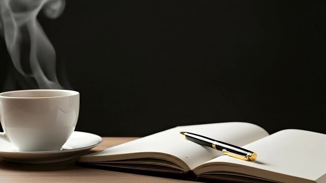 Steaming coffee cup beside open book and pen on wooden surface
