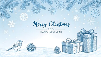 Merry christmas and happy new year greeting card with gift boxes