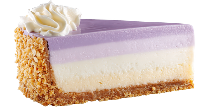 Cheesecake slice features vibrant purple and white topping creamy dessert offers appealing purple and white presentation