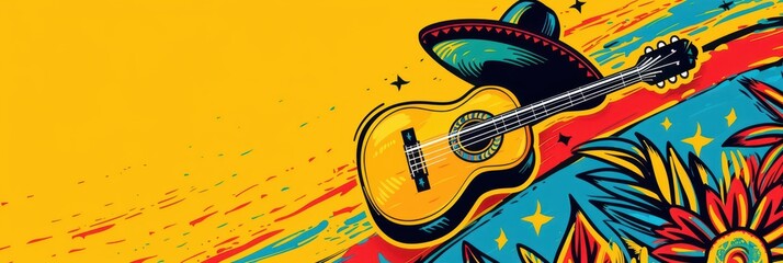 Colorful mexican guitar art celebrating santa cecilia day with festive vibes. Horizontal illustration. Copy space. Independence Day of Mexico. Flat illustration