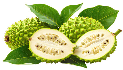 Cut soursop with green leaves on a transparent background