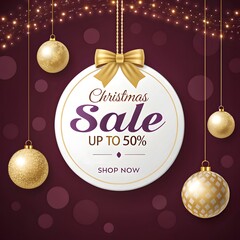 Christmas sale up to 50 off banner with ornaments and golden bow