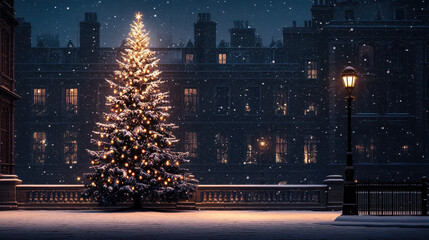 Winter wonderland christmas tree illuminates snowy city nighttime serenity urban charm