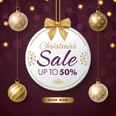 Christmas sale advertisement with golden ornaments and up to 50 discount
