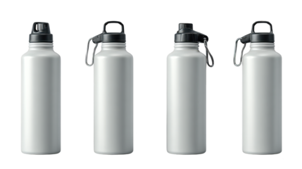 Four white water bottles with black lids are shown display of three hydration containers with contrast lids