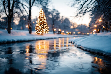 Winter christmas tree reflected in snowy stream enchanting park at dusk serene holiday atmosphere