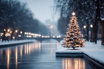 Winter christmas tree illuminates serene riverbank in a snowy landscape at dusk