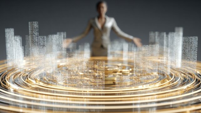 Strategic Vision: A woman in a business attire stands before a holographic representation of a city, symbolizing her futuristic business planning and innovative approach.  - Powered by Adobe