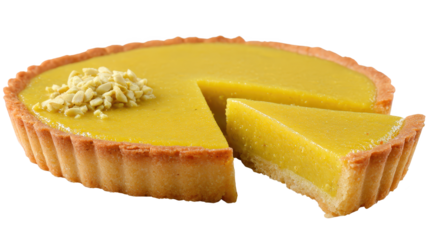 Dessert pie on plate with one slice removed round dessert pastry has one wedge shaped portion absent