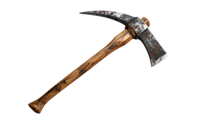 Worn pickaxe with wooden handle isolated on black background