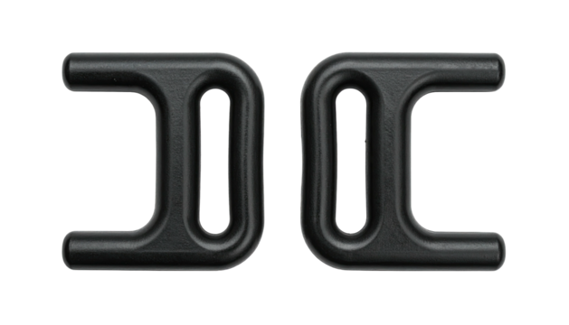 Two black, plastic, rounded "H" buckles aligned tightly