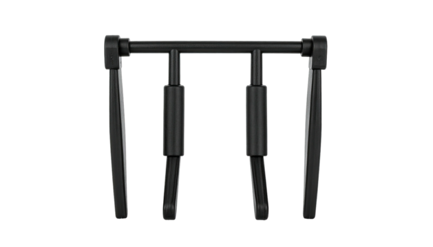 Black, angular, minimalist instrument stand against a black backdrop