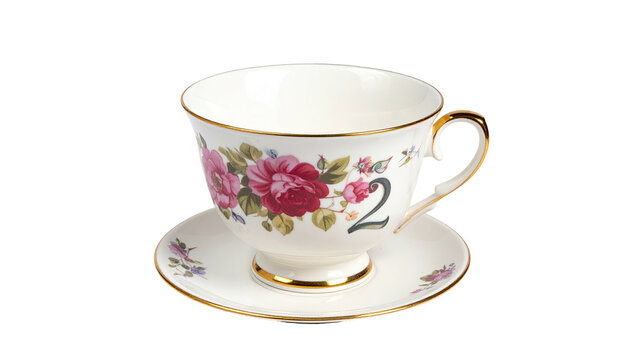 Porcelain teacup & saucer with floral design and gold trim