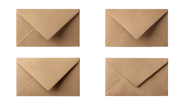 Four envelopes with letters represent communication stationery items including envelopes for written messages