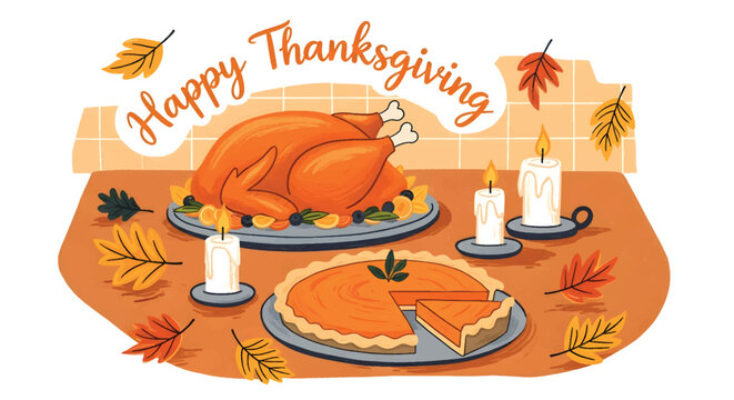 Happy Thanksgiving Illustration with Turkey, Pumpkin Pie, Candles, and Autumn Leaves - Powered by Adobe