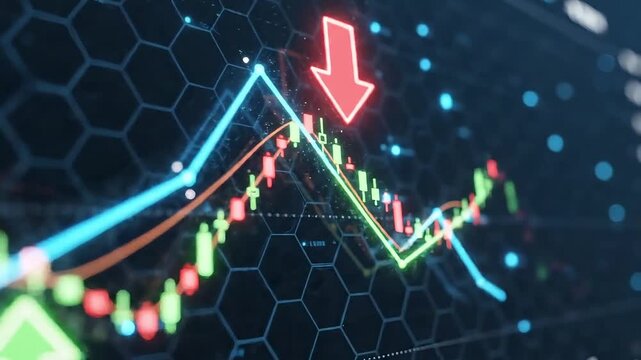 Digital graph showing financial market decline with red arrow indicating downward trend.