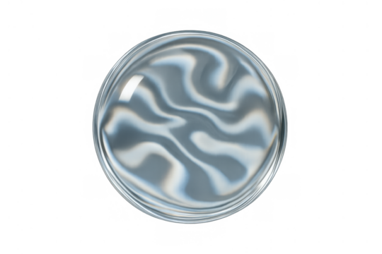 Water drop or liquid bubble with abstract swirling light reflections, floating on a transparent background