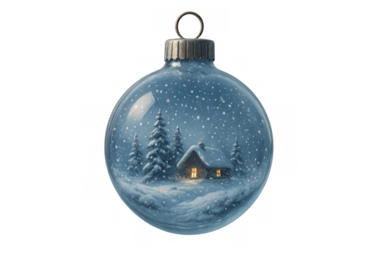 Christmas ornament showing winter scene with snow falling on a cozy cabin and fir trees, holiday decoration