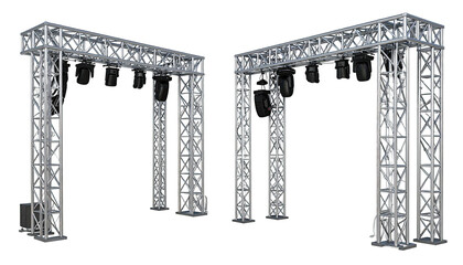 Two metal light trusses with black spotlights against black backdrop